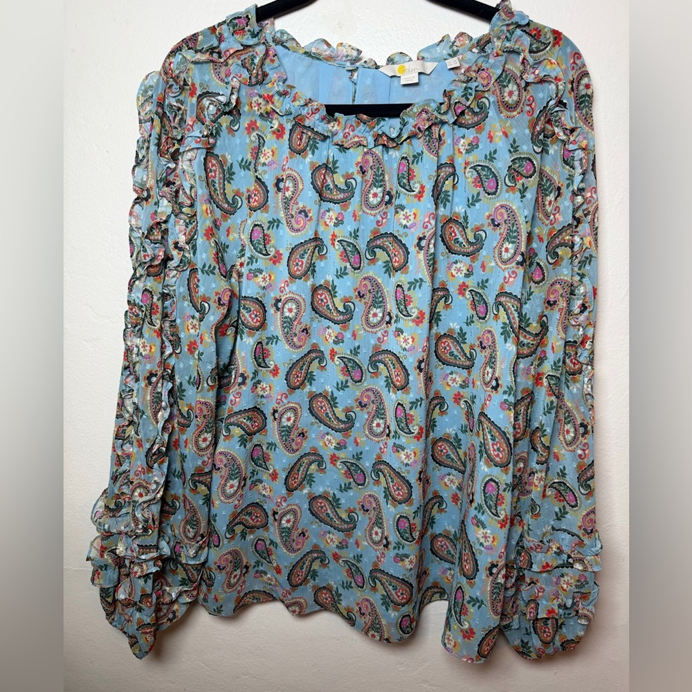 Boden Paisley Ruffle Boho Blouse Blue Floral Top Size 14